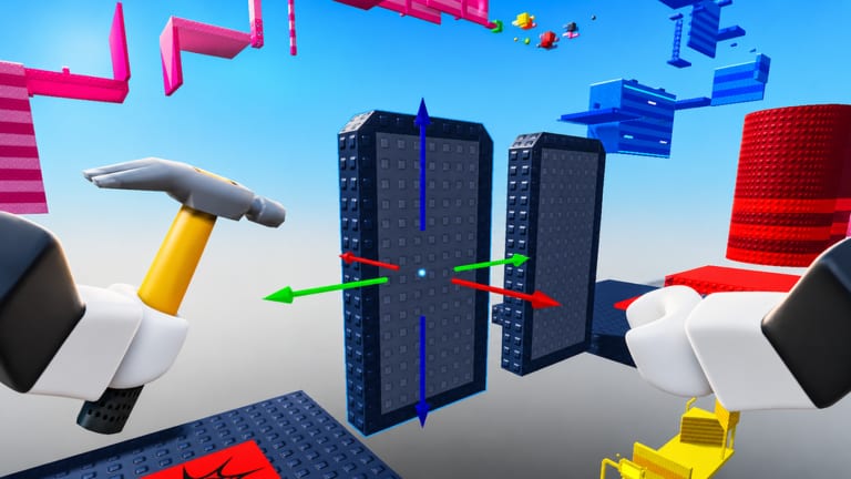 First-person Obby Builder view with a hammer, transform gizmos, and colorful parts in the sky