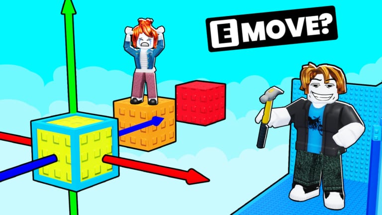Obby Builder avatars on brick platforms with a Move gizmo and on-screen move prompt